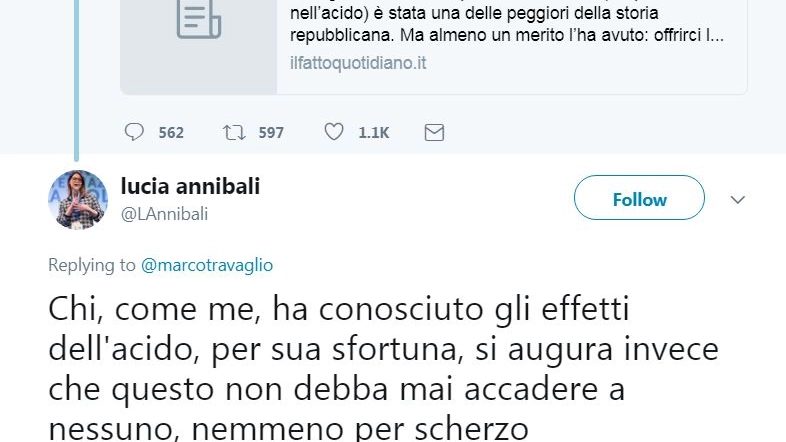 Il tweet di Lucia Annibali