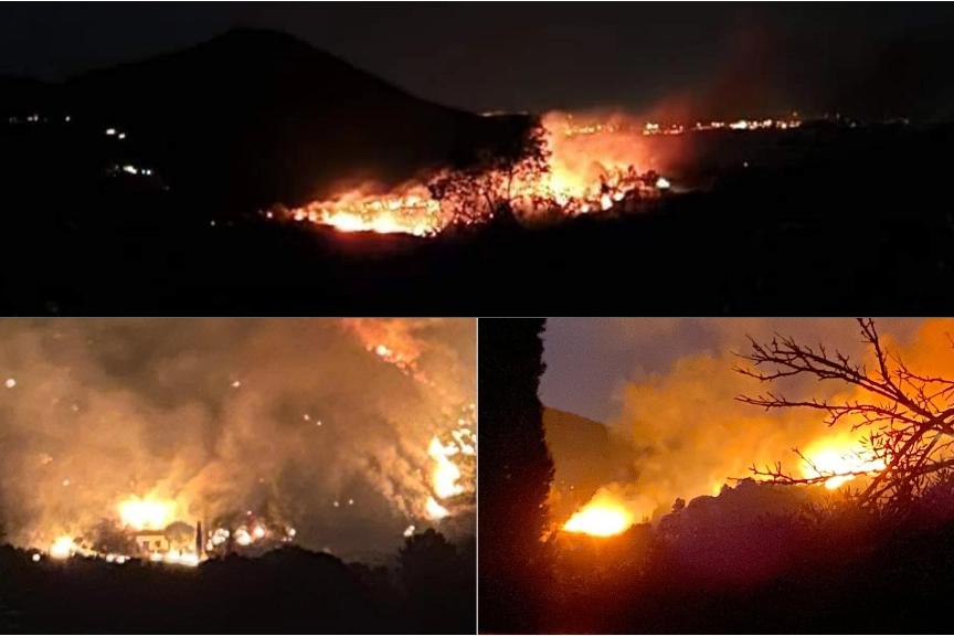 Tre momenti dell'incendio scoppiato all'Isola d'Elba