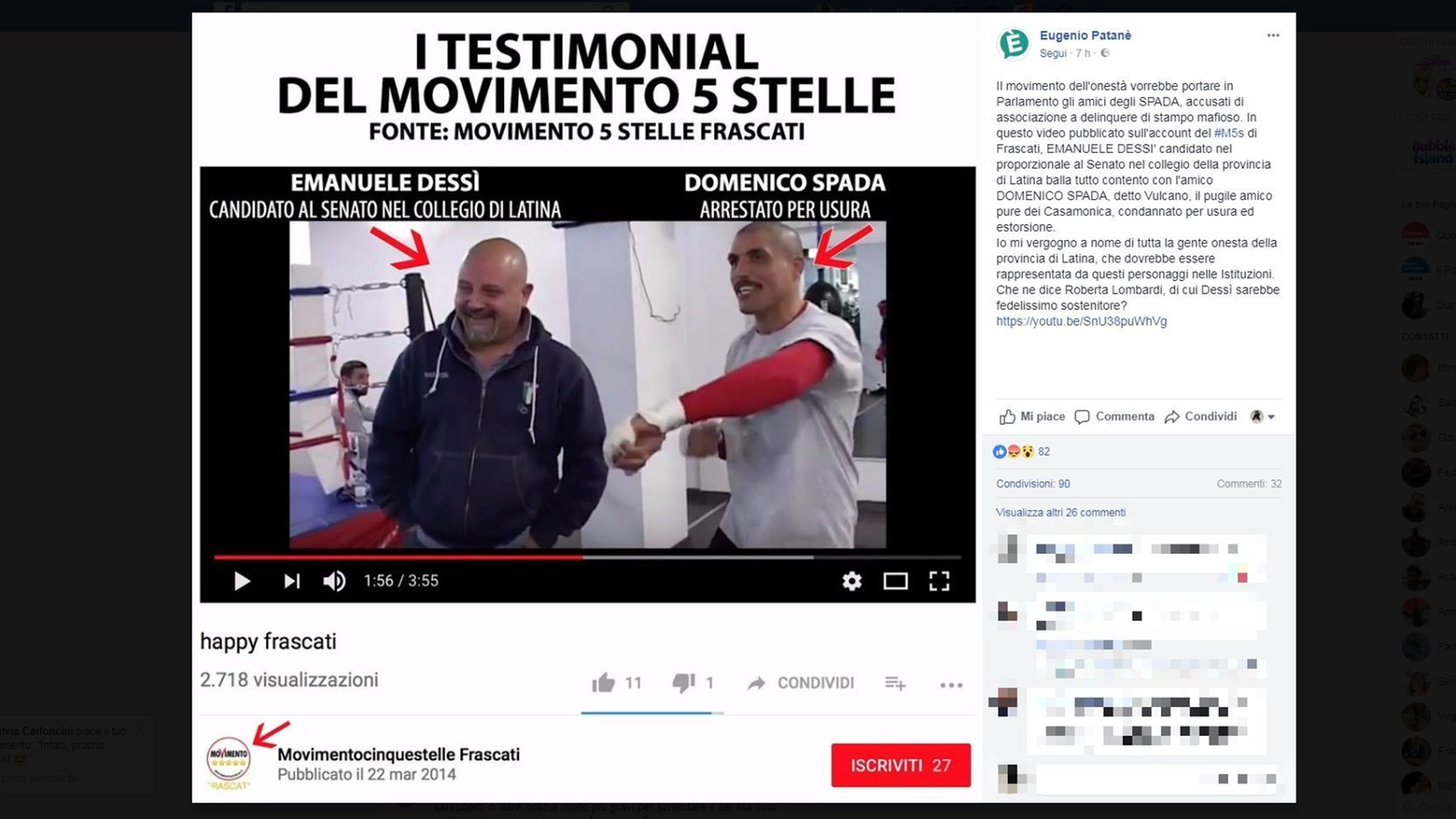 Il post con il frame del video in cui compaiono Dessì e Domenico Spada