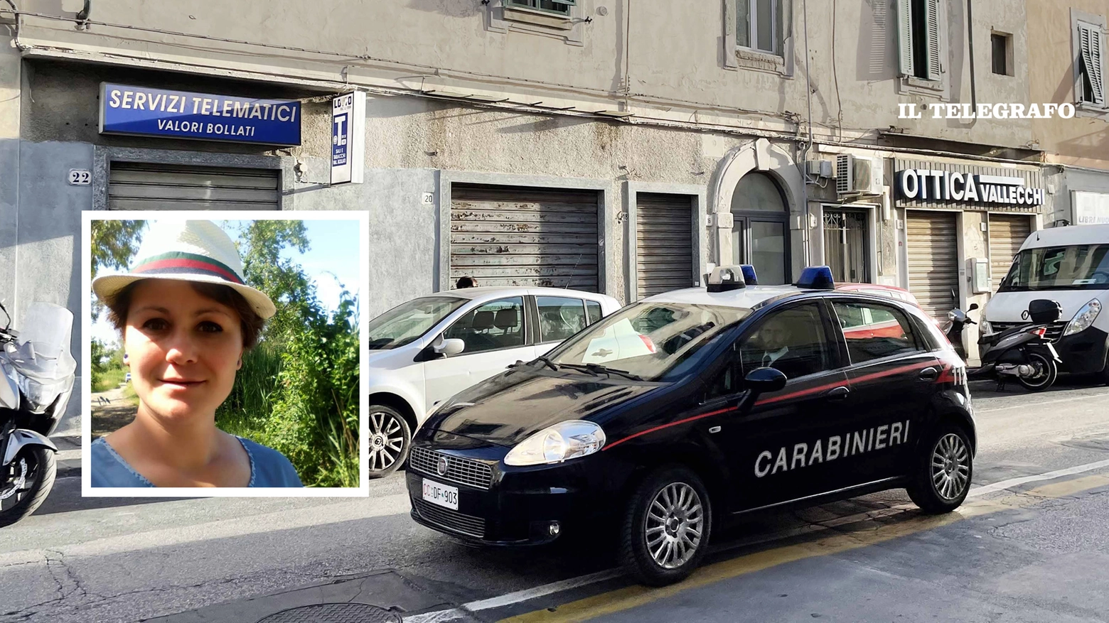 Carabinieri in via Garibaldi. Nel riquadro Natalia Caruta morta a 38 anni (Foto Novi)